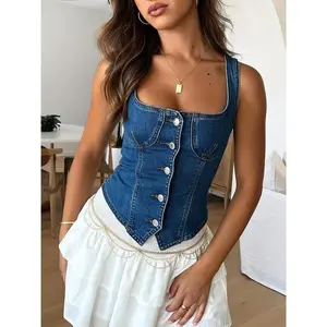 WomenvintagedenimvestY2Kbuttondowntanktopsquarenecksleepvelessjeanstopgoingoutstreetwear