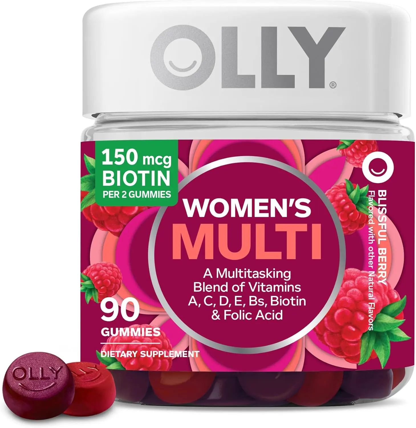 OLLY Women's Multivitamin Gummy Berry Flavor 90 Count 45 Day Supply Vitamins A C D E Biotin Folic Acid Chewable Supplement for Women Healthcare Natural