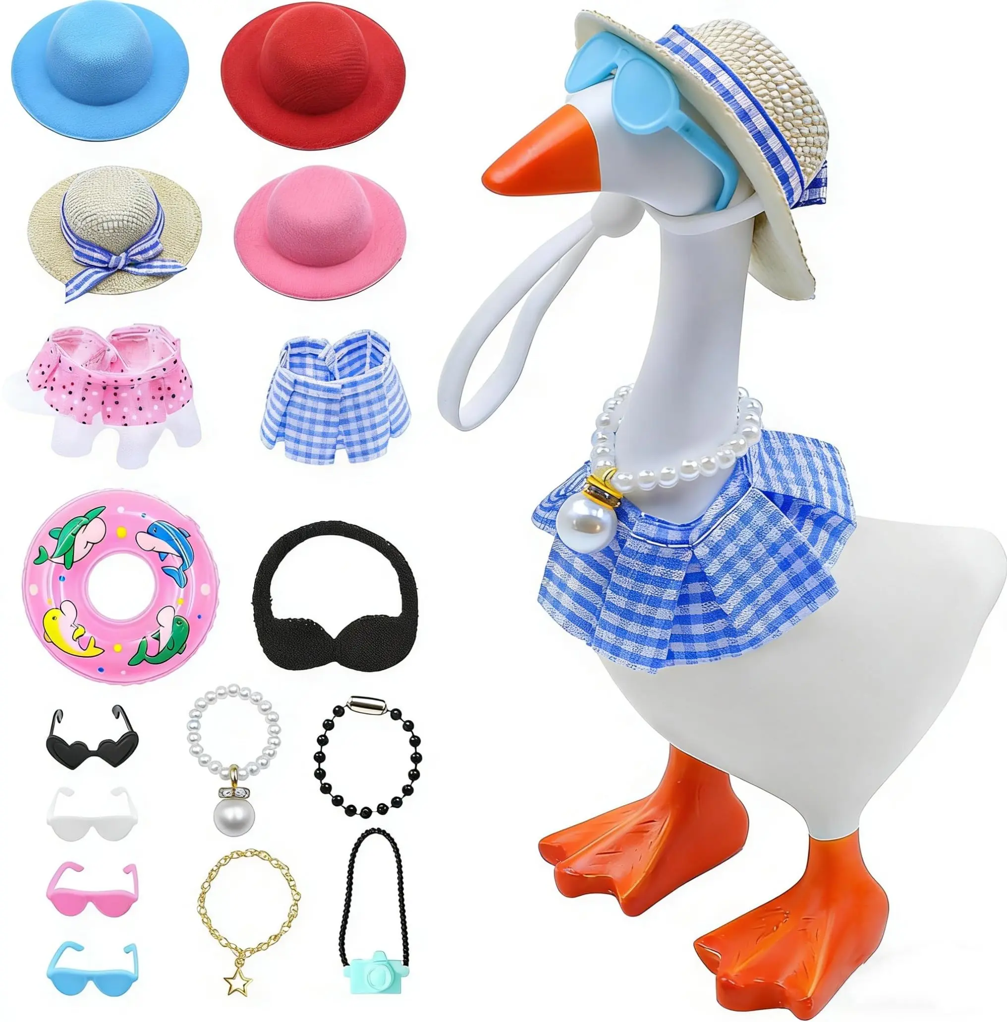 4 Sets Mini Desk Goose Outfits - Porch Goose Outfit with Small Pearl Hat for 7 Inch Magnetic Statue Costume