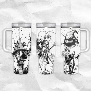 Jack Sally and Friends NBC Pattern 40oz Handle Tumbler – Retro Fantasy Stainless Steel Travel Mug, Hawkins Inspired Horror Cup, Double Wall Thermal Drinkware, Large Iced Coffee Tumbler, Gift for TV Show & Dungeon Game Fans