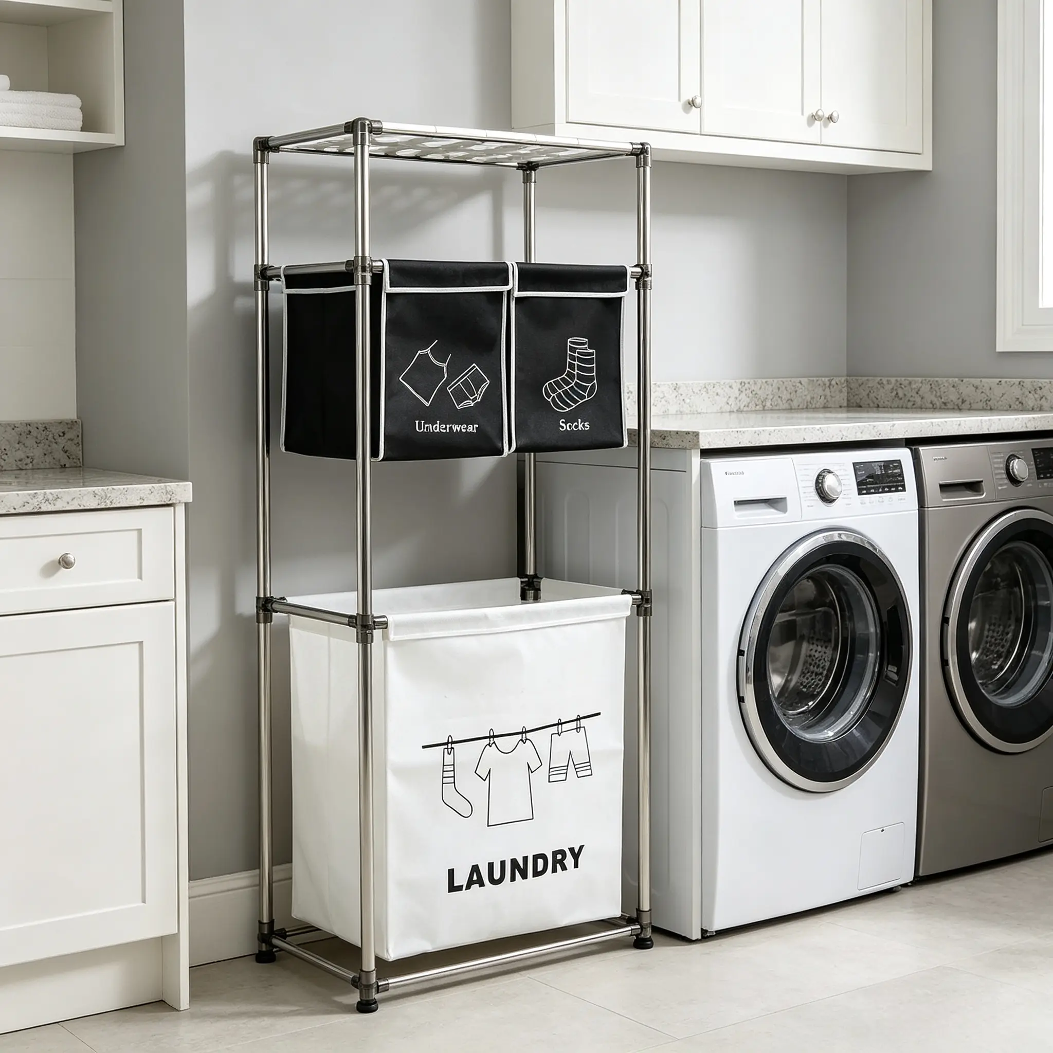3-Section  Laundry Hamper Sorter, Iron & MDF frame with lockable TPR wheels, 100L anti-sagging removable oxford liners, side hooks and shelf. Large-capacity clothes sorter for white & colored clothes, sturdy & easy to assemble for bathroom laundry storage
