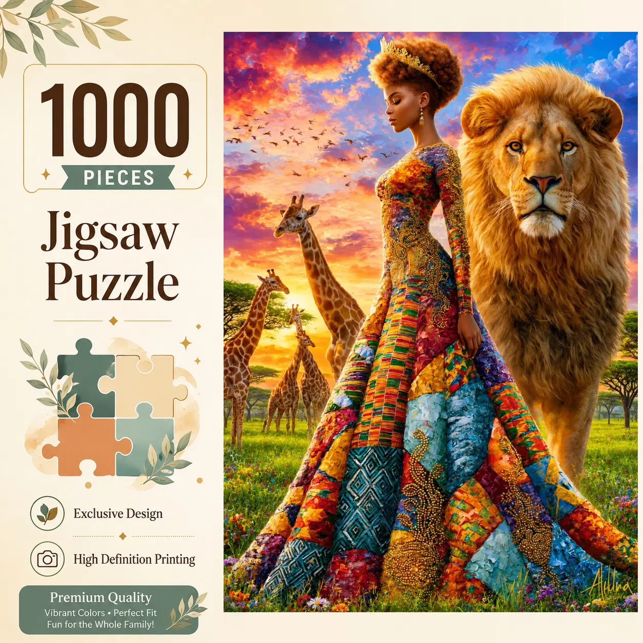 Colorful Savanna Queen and Lion 1000 Pieces Jigsaw Puzzle for Adults, Challenging Family Game for Stress Relief Relaxation and Brain Exercise, Vibrant Wildlife Wall Decor Gift for Art Lovers and Seniors, 19.7x27.6inch(50x70cm)