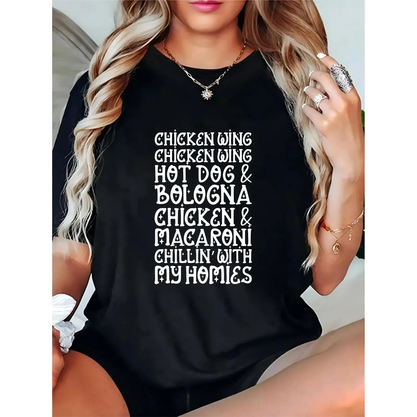 Women's 100% Cotton Crew Neck Short-Sleeve Streetwear T-Shirt - Funny Food Quote Print (Chicken Wing, Hot Dog, Bologna, Chicken & Macaroni), Chillin' With My Homies, Lightweight Breathable Casual Hangout Top, Skirts, Fit, Comfortable, Shortsleeve