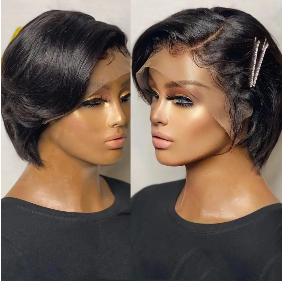 BINF Pixie Straight Bob Lace Front Wig, 100% Human Hair Wig Natural Black Pre Plucked 13x4x1 T Part Lace WigShort Straight Wig Daily Wearing 6inch Easy to install for Summer