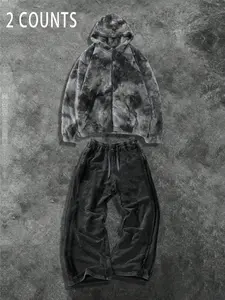 Eurasian Trendy Tie-Dye Fleece Hooded Loose Jacket & Wide-Leg Pants Set, Fall Winter Warm Two-Piece, Street Style Home Wear