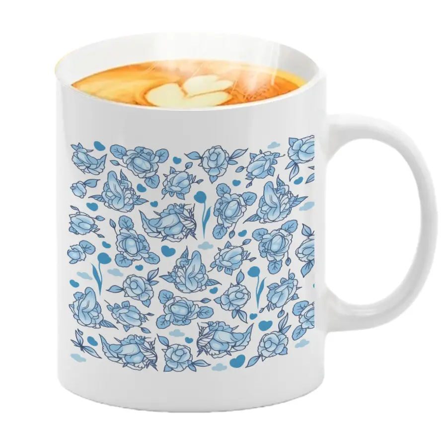 Sturdy 11oz Blue and White Ceramic Mug with Handle - Blue Floral Rose & Delicate Flower Heart Patterns, Reusable 0-500ml Microwave-Safe Vintage Drinkware, Coffee Time Mug, Mother's Day Gift for Mom, Home Use