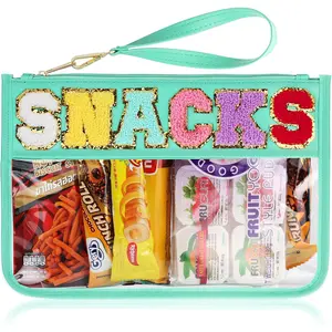 Snack Bag for Travel - Clear Chenille Varsity Letter Flat Pouch with Zipper, Waterproof Clear Nylon Preppy Patch Makeup Cosmetic tote Bags for Women Girls