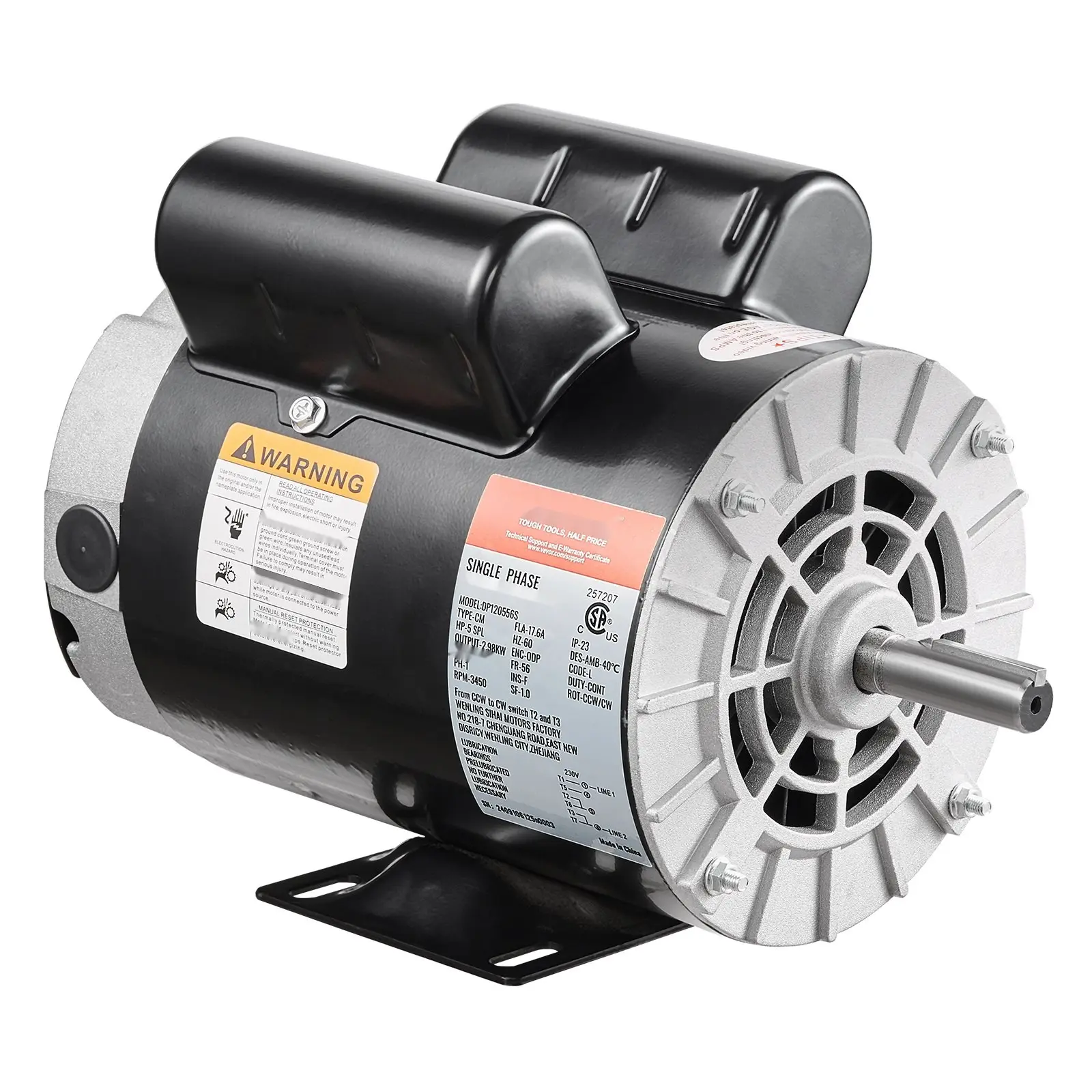 5 HP SPL Air Compressor Motor, 230V, 17.6A, 3450 RPM, 56 Frame, CW/CCW Rotation, Factory Default CCW, Single-Phase Electric Motor for Industrial Air Compressors, High Torque, Energy Efficient, Durable Construction
