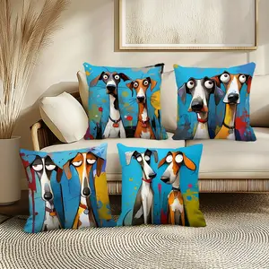 4pcs Set Dog-Themed Throw Pillow Covers, Polyester Woven, Glam Print with Cartoon Dogs & Expressive Eyes, Blue Splatter Art Style, Zipper Closure for Sofa, Living Room, Bedroom, Outdoor Decor, Hand Wash Only