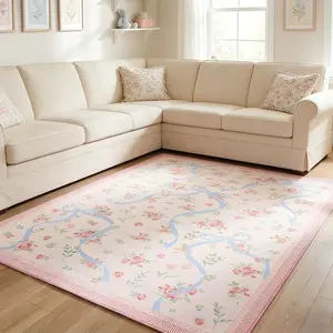 Vintage French Bohemian Geometric Rose Print Carpet, Large Floral Area Rug for Living Room Bedroom, Non-Slip Soft Plush Mat, Floral Pattern Rug