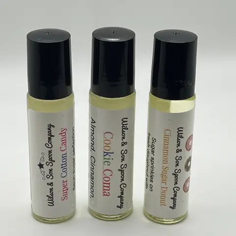 Wilson & Son Spoon Company Aluminum-Free Roll-On Body Oil Multi-Pack - 3x10mL Travel-Size Almond Oil Blend Bottles (Cookie Coma, Strawberry Super Cotton Candy, Cinnamon Sugar Donut) for Soft Skin Bath & Body Care