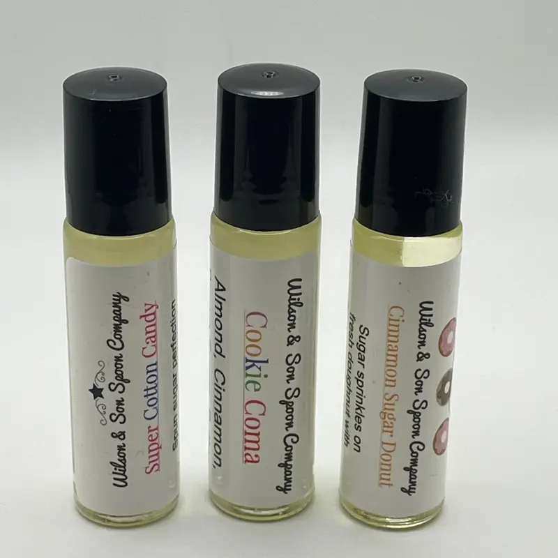 Wilson & Son Spoon Company Aluminum-Free Roll-On Body Oil Multi-Pack - 3x10mL Travel-Size Almond Oil Blend Bottles (Cookie Coma, Strawberry Super Cotton Candy, Cinnamon Sugar Donut) for Soft Skin Bath & Body Care