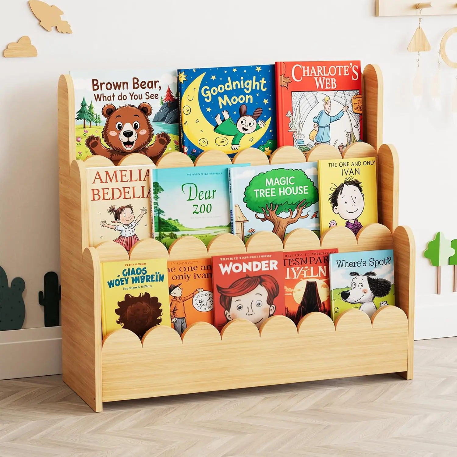 3-Tier Scalloped Bookshelf, Montessori Bookcase for , Wooden Book Shelf Organizer Display Furniture for  Rooms, Playroom,  and Classroom,