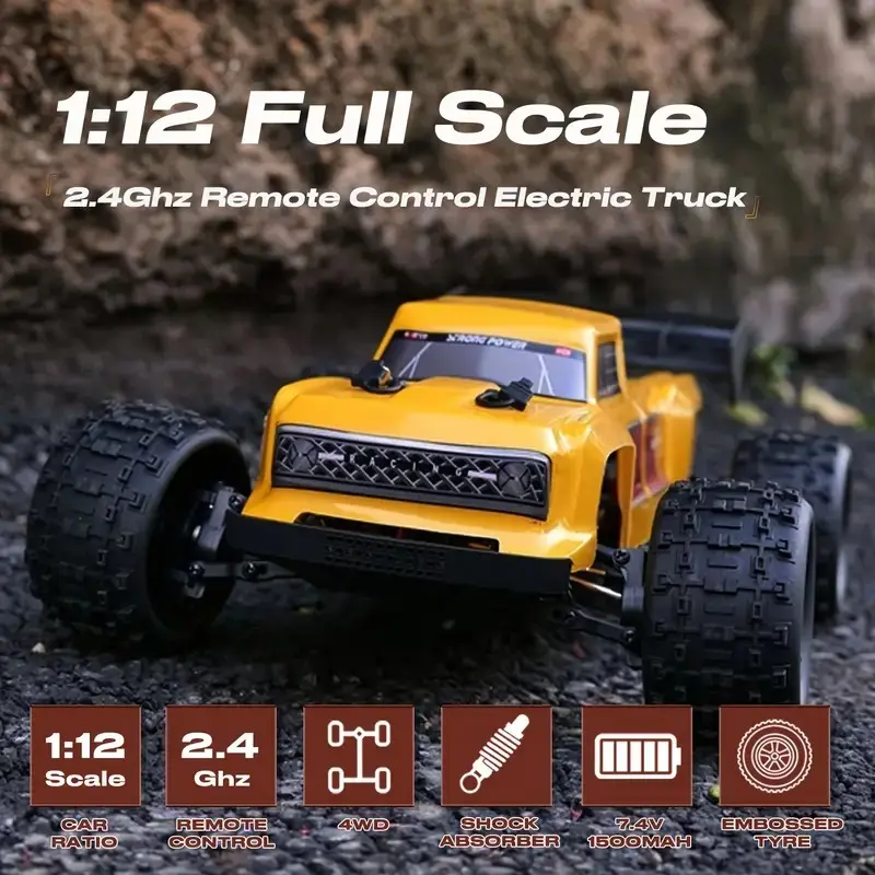 1:12 Scale Electric 4WD All-Terrain RC Rock Crawler Truck, 40KM/H High-Speed Off-Road Vehicle, Aluminium Alloy Chassis, 2.4Ghz Remote Control, Multi-Car Racing Support, Birthday Gift for RC Hobby Adults