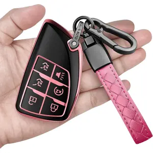for Chevrolet Key Fob Cover with Keychain Soft Full Protection Key Shell Key Case Compatible with 2021-2024 GMC Yukon Tahoe Suburban 1500 6-Buttons (Pink)