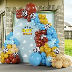 Cowboy Theme Balloon Arch Garland Kit, 131Pcs Brown, Nude, Mustard Yellow, Blue, Cloud Print And Cow Print Balloons For Baby Shower, First Rodeo Birthday, Farm Party, Toy Theme Decorations