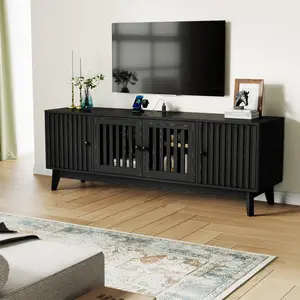 TV Stand Entertainment Center with Storage Cabinets, 4 Doors & Power Outlets Media TV Console Table for UP to 70" Television Stands, Black