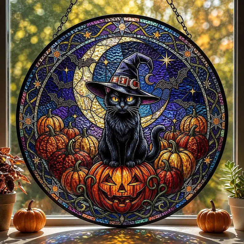 Halloween Black Cat Stained Glass Suncatcher, Spooky Cat Window Hanging Decor, Gothic Fall Home Decoration, Gift for Halloween