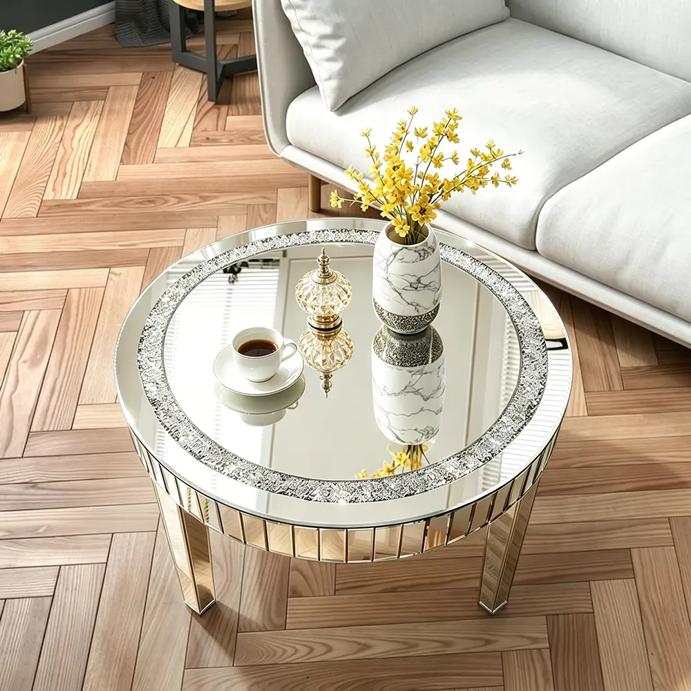 Round mirror-surface table, 23.6-inch glass coffee table inlaid with crystals, side table for beside the sofa, silver mirror-surface end table, suitable for living rooms, bedrooms, offices, and placement beside a sofa