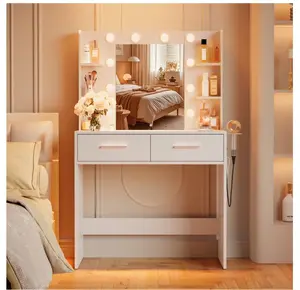 Makeup Vanity Desk with 3 Modes Adjustable Lights and Mirror Vanity Table with Shelves and Drawers, White