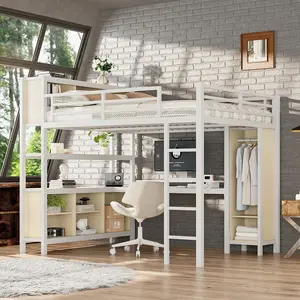 Eyisean Queen/Full Size Modern Metal Loft Bed, Space Saving Beds with Wardrobe & L-shaped Desk, Storage Cubes & Shelves, Heavy Duty Frame with Safety Guard, No Box Spring Needed for Bedroom, Apartment