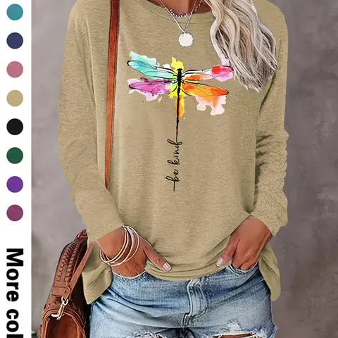 Women's Cartoon Dragonfly & Letter Print Fitted Round Neck Tee, Casual Trendy Tee, Casual Long Sleeve Crew Neck Essential T-shirt  for Fall & Winter, Women's Clothes for Daily Wear, Everyday, Fabric, Womenswear