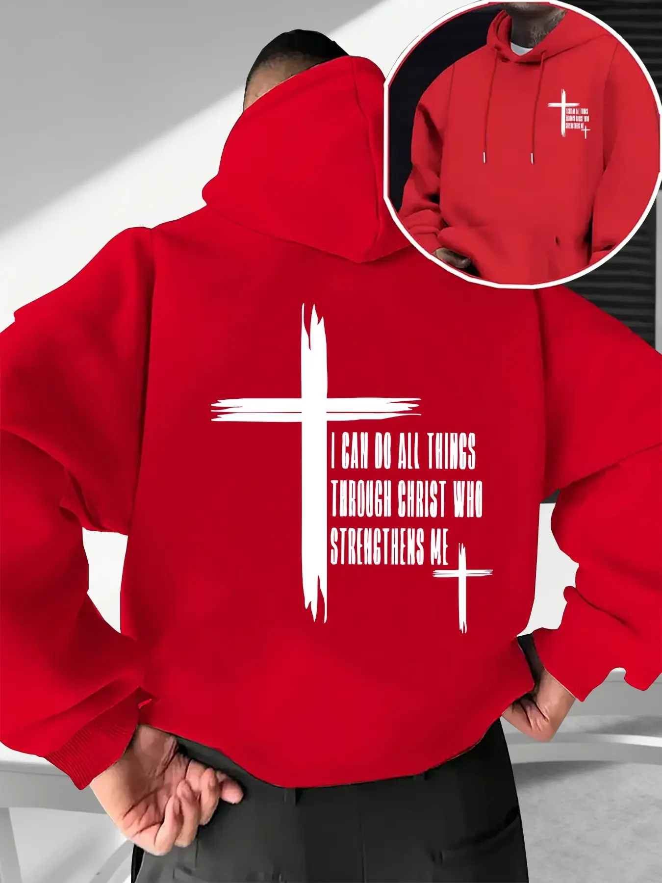Men's Fall Winter Trendy Hoodie, Faith Based Streetwear, Christian Cross Text Geometric Print Graphics Front Back, Casual Fitted Hooded Pullover Sweatshirt with Drawstring Pocket