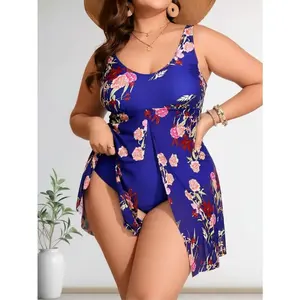 Plus Size Blue Floral Print One Piece Swimdress, V Neck Pleated Tummy Control Bathing Suit for Women,Sleeveless V Neck Tummy Control Swimwear,Summer Vibes