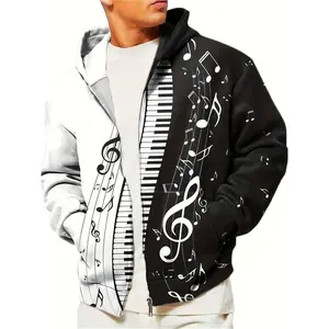 [Plus Size 3D Musical Notes Jacket] Men's Plus Size 3D Musical Notes Print Casual Hooded Track Jacket, Polyester Knit Fabric with Slight Stretch, Casual Style Hooded Zip-Up Active Jacket for Autumn, Winter, Spring Menswear Sweatshirts