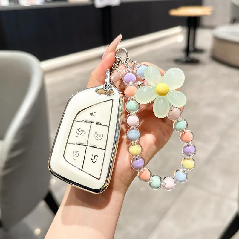 For Cadillac Key Fob Cover CT5 CT4 CT4-V Accessories 5 Buttons Soft TPU Car Smart Keys Shell Case Protector Full CoversKeychain Lanyard Girly
