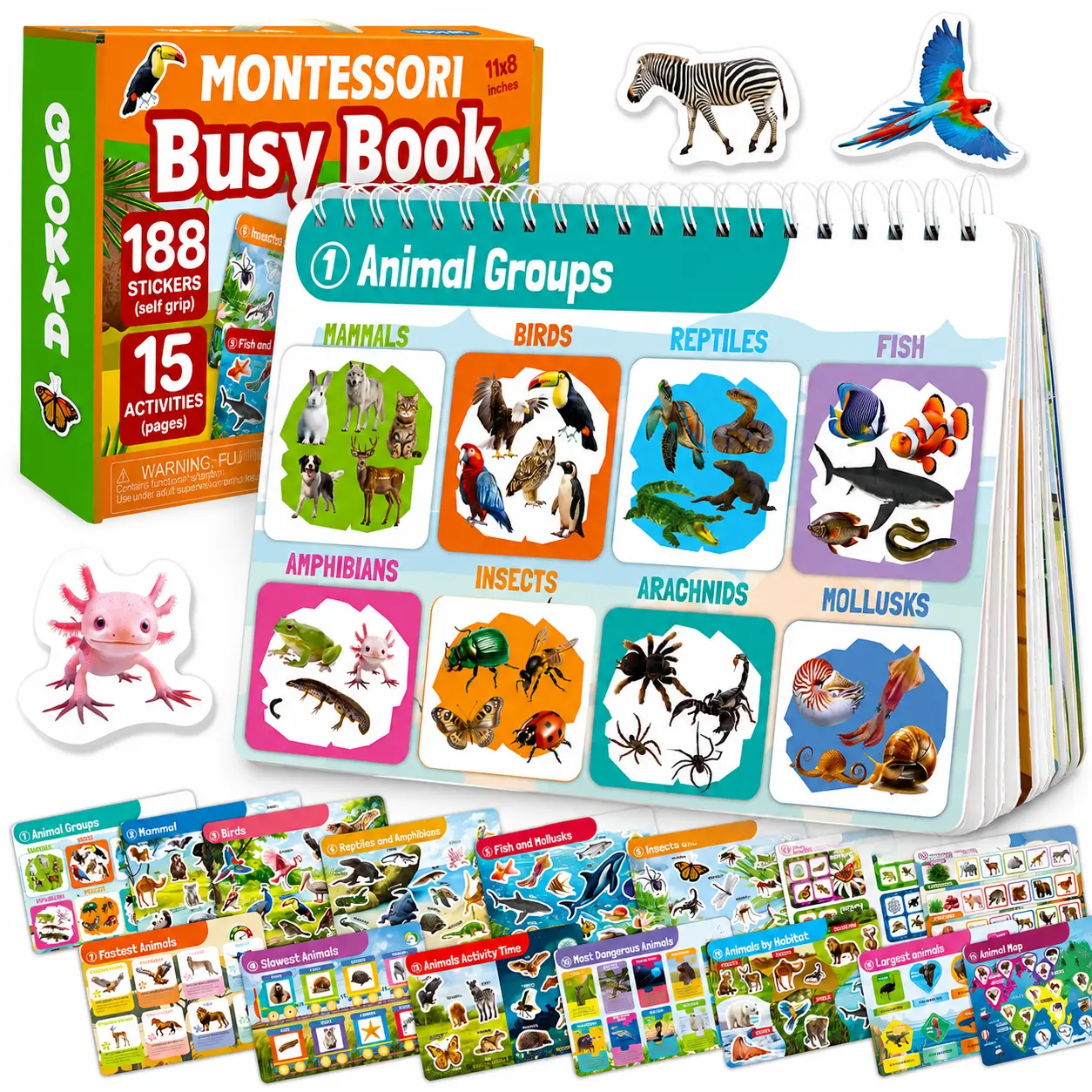 QUOKKA Vocabulary Flash Cards & Busy Book - Language Learning Flashcards, Preschool Learning Interactive Puzzle Flash Cards, 15-Page Toy for Ages 3-5, 188 Self-Grip Animal Stickers, Toddler-Friendly Travel Activity Set