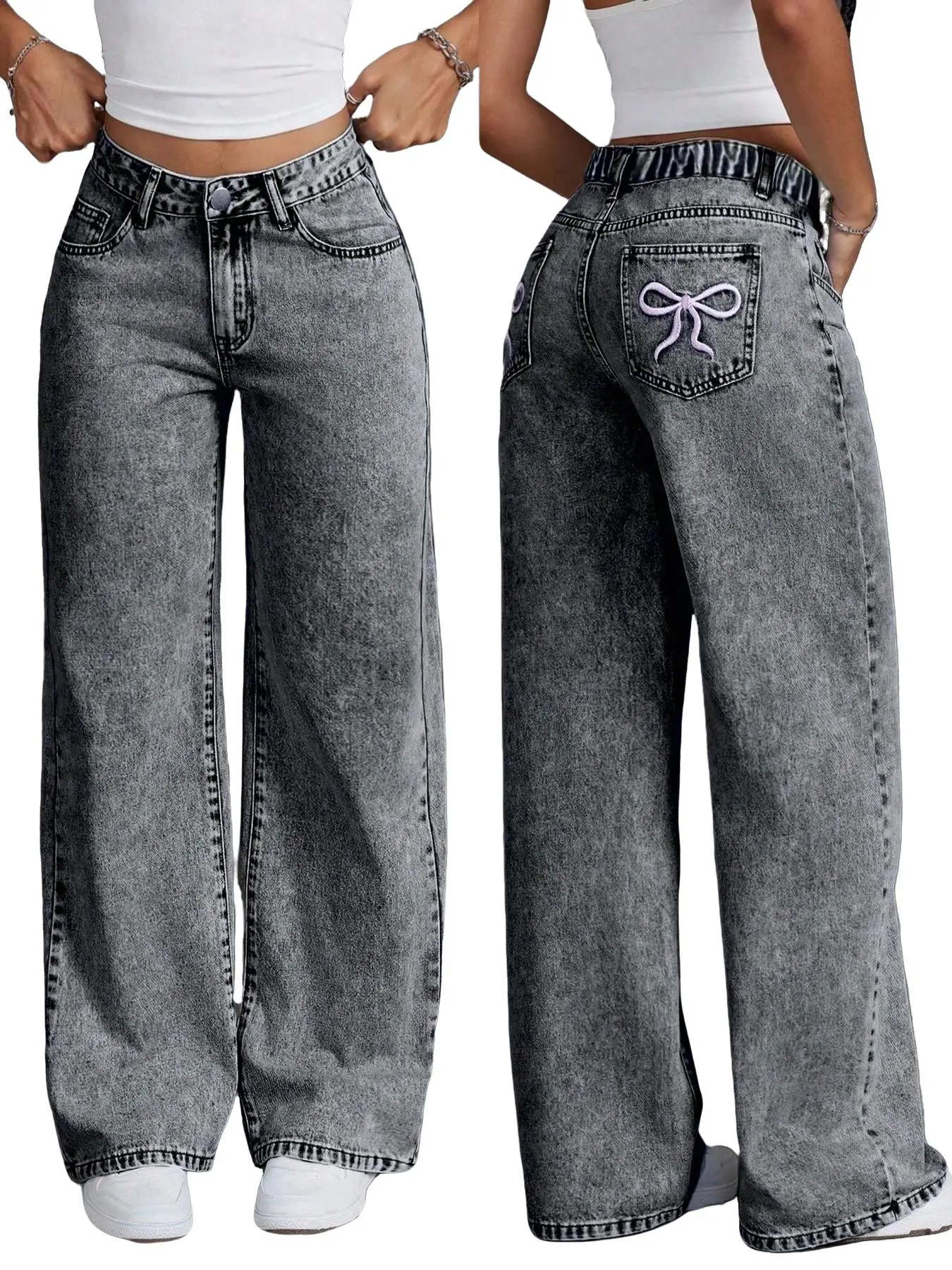Teen Girls Washed Denim Slouchy Casual Loose Jeans Bottoms Bow Embroidery Jeans, Back Pocket Embroidered Bow Design, Loose Fit Elastic Waist, All Seasons Wear, Cute Style