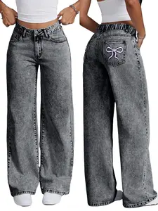 Teen Girls Washed Denim Slouchy Jeans, Back Pocket Embroidered Bow Design, Loose Fit Elastic Waist, All Seasons Wear, Cute Style