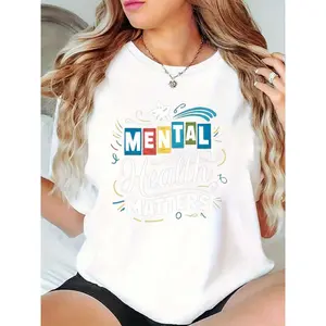 Women's Mental Health Matters Colorful Letter Graphic T-Shirt Casual Daily Wear for Mental Health Advocates & Everyday Comfort