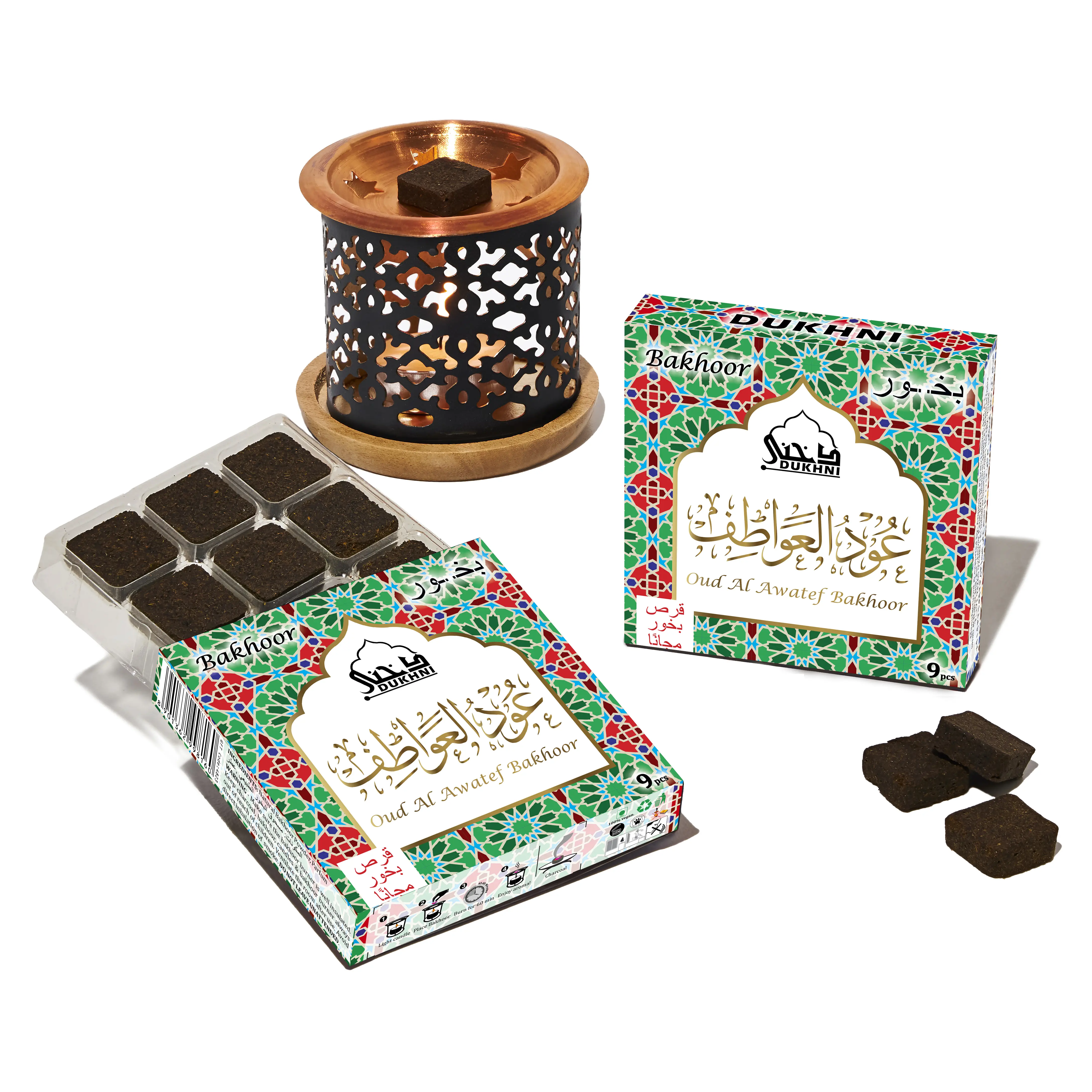 Oud Al Awatef Bakhoor & Smokeless Snowflake Burner Set, 2 Oud Bakhoor Boxes for Home Fragrance Incense Use
