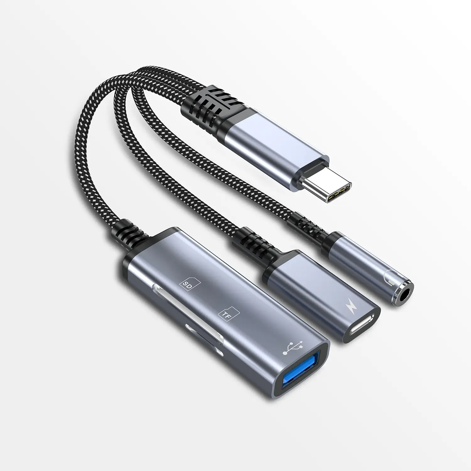 5-in-1 adapter USB C to USB A/SD/TF/3.5mm AUX audio jack/Type C charging port, Usb adapters, Usb Adapters For Multiple Devices, for iPhone 17promax/16/15/Android phones/laptops, for SD cards, headphones, charging cables, U-disks
