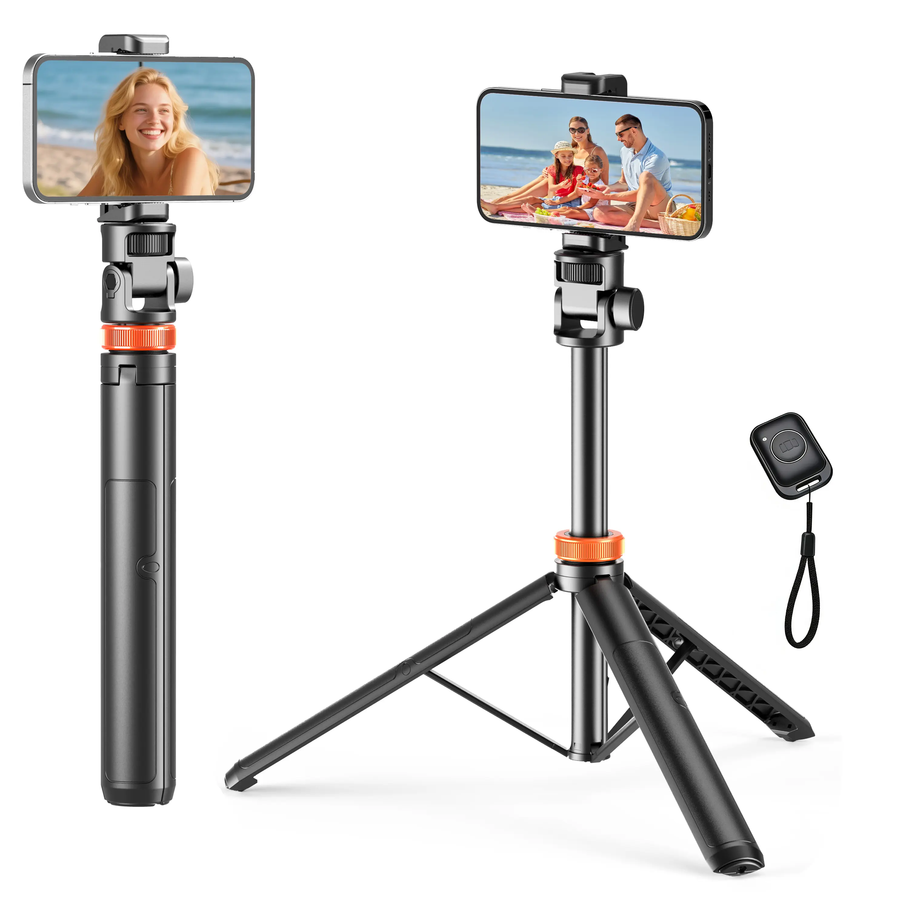 61" Extendable Adjustable Cellphone Tripod-Selfie Stick Accessory, Nylon Shell, Universal Mount, Wireless Remote, Bluetooth Sync, Hands-Free Recording, Vlogging Equipment, Travel Gadget for iPhone & Android Devices
