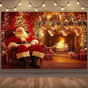 1pc 2D Flat estive Christmas Backdrop with Santa Fireplace & Gift Theme - Polyester Decorative Painting for Holiday Celebrations Birthdays & Outdoor Events - Includes Banner JG Christmas Decorations Ornaments White