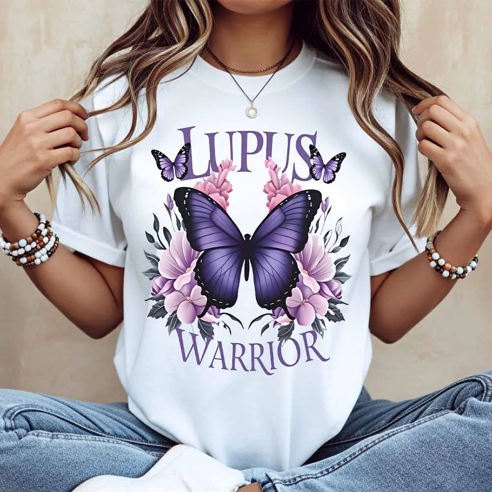 Lupus Warrior Casual T-Shirt, Cotton Crew Neck Short Sleeve Tee, Purple Butterfly & Pink Floral Lupus Awareness Design, Soft Breathable Comfy Casual Tops, Chronic Illness Statement Shirt, Everyday Wear, Lupus Fighter Gift