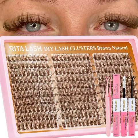 RITALASH WM01 Brown Lash Cluster Kit - 300 Pcs, 0.07mm D Curl, 10-16mm Mixed Sizes, Waterproof Long-Lasting DIY Eyelashes Clusters Extensions for Makeup Application