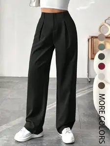 Women's Solid Color Plicated Pocket Wide Leg Pants, Elegant Zipper Fly Trousers for Work Office Business, Ladies Spring & Fall Clothes