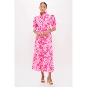 Pink Textured Floral Ruffle Collar Louisa Maxi Dress