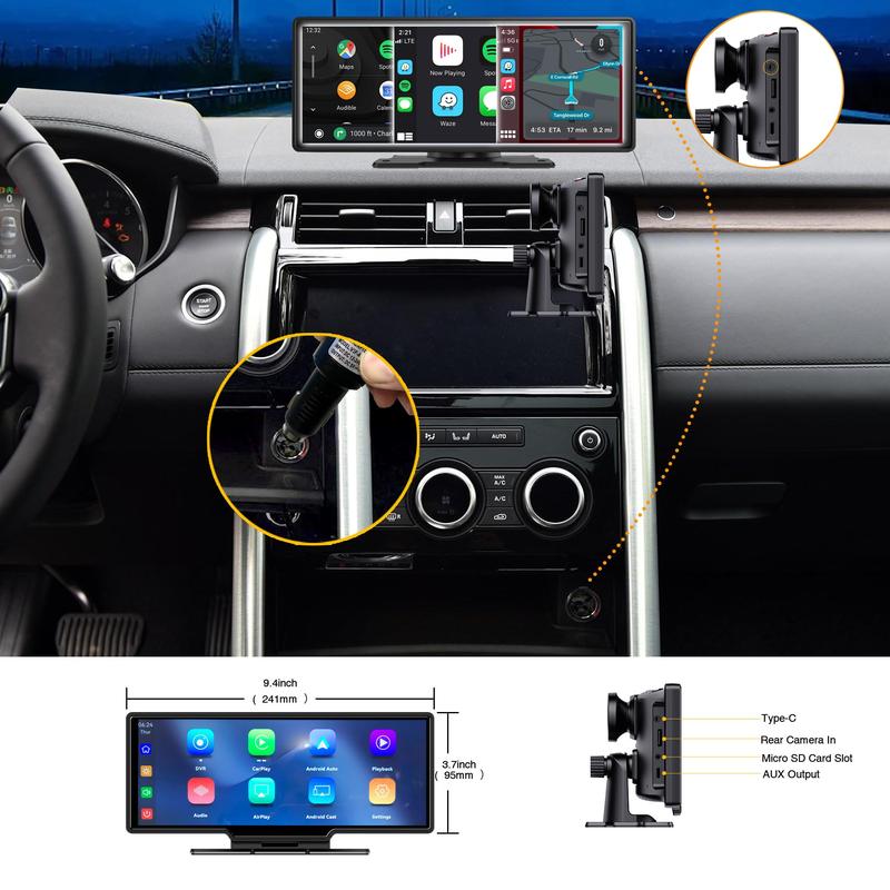Screen 10.26" INCH Portable Car Player Carplay Android Auto Bluetooth IPS  Touch Screen Dash Cam AirPlay Android Cast  Backup Camera  Loop Recording Bluetooth  FM AUX