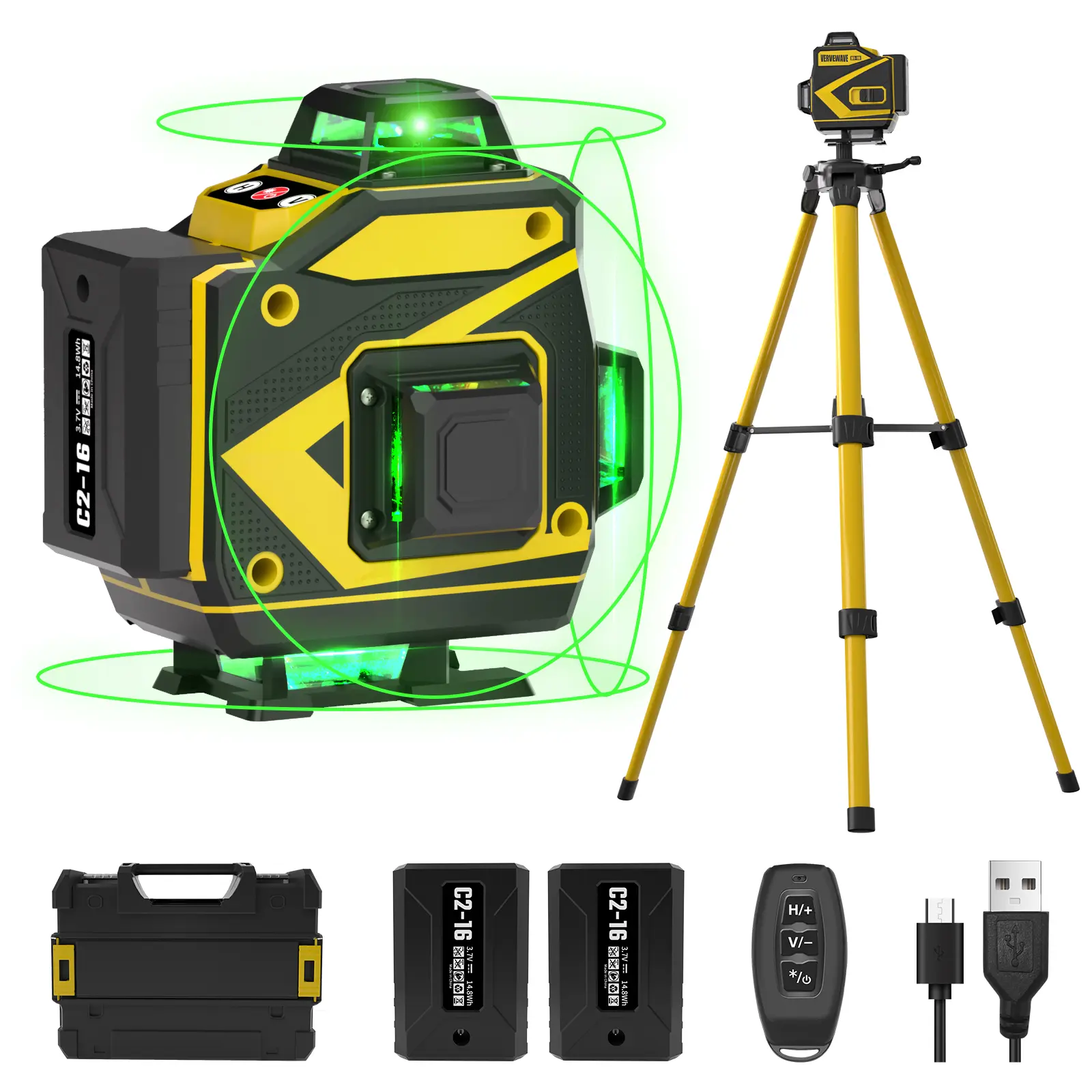 【Summerfinds】VERVEWAVE 16-Line Green Laser Level with 39.3"/49.2" Tall Tripod, 4x360° Self-Leveling, 2x2400mAh Type-C Rechargeable Batteries, Cross Line Laser Tool for Tile & Home Renovation, Cool Gifts for Dad Men Husband