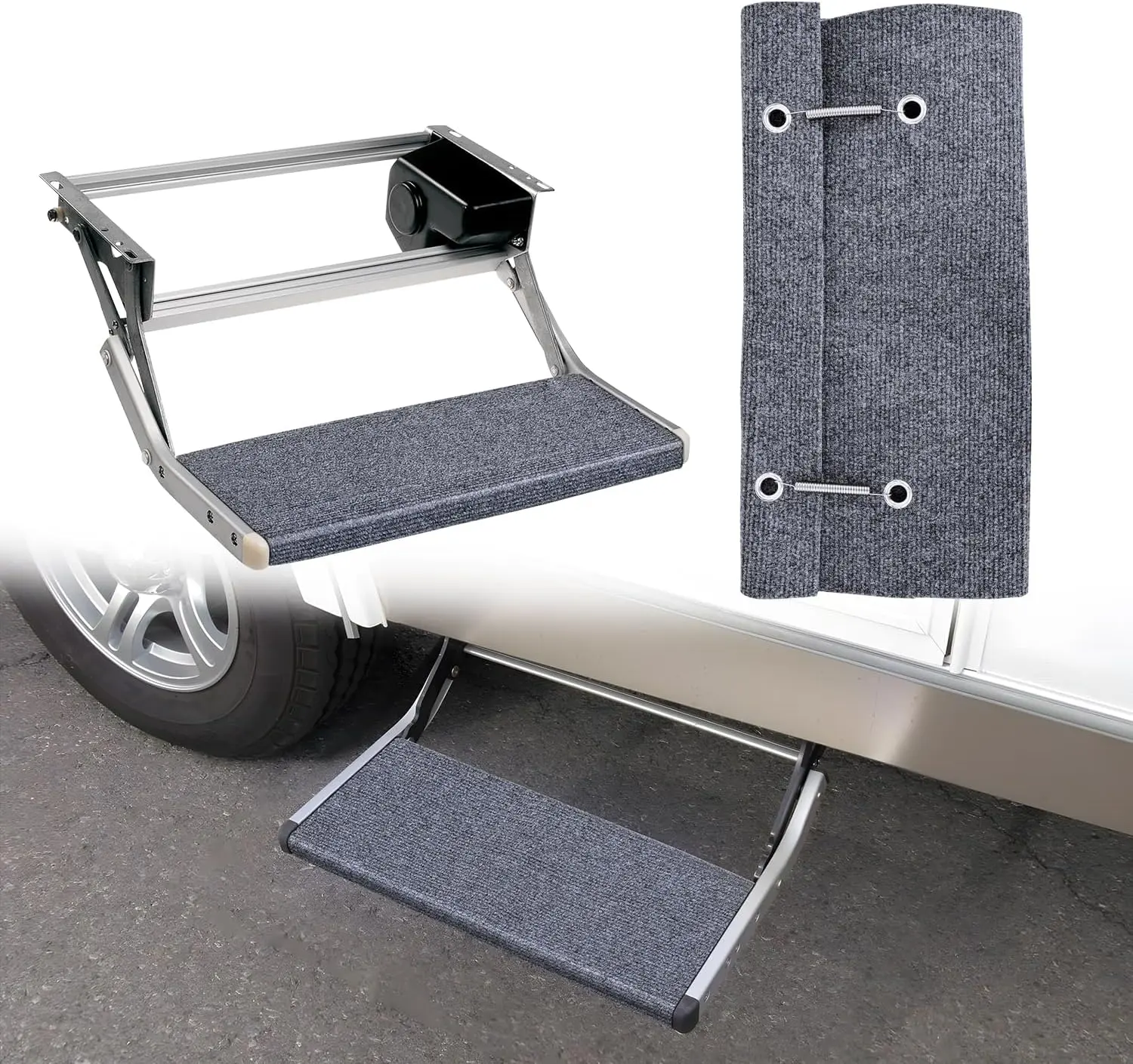 Nilight Non-Customised RV Step Cover - 1 Pack, 18x21 in (18 in Width, 8-11 in Adjustable Depth), Outdoor Gray Double-Layer Wrap-Around Rug with Spring & Grommets, Stain-Resistant, Fits Straight/Round Electric & Manual Camper Trailer Stairs