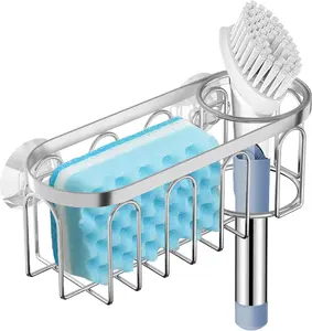 2-in-1 Sponge Holder for Kitchen Sink, Suction Cup Rack/Caddy, No Drill Rustproof Organizer for Place Dishwashing Brush Soap (Silver)