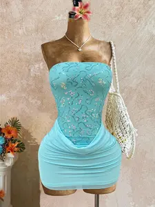 Summer New Sequin Mesh Bustier Dress, Sexy Slim Fit Leopard Print Short Skirt, Blue Pure Desire Style, Perfect for Parties and Beach, Womenswear
