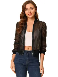 INSPIRE CHIC See Through Long Sleeve Sheer Zip Up Bomber Mesh Jacket