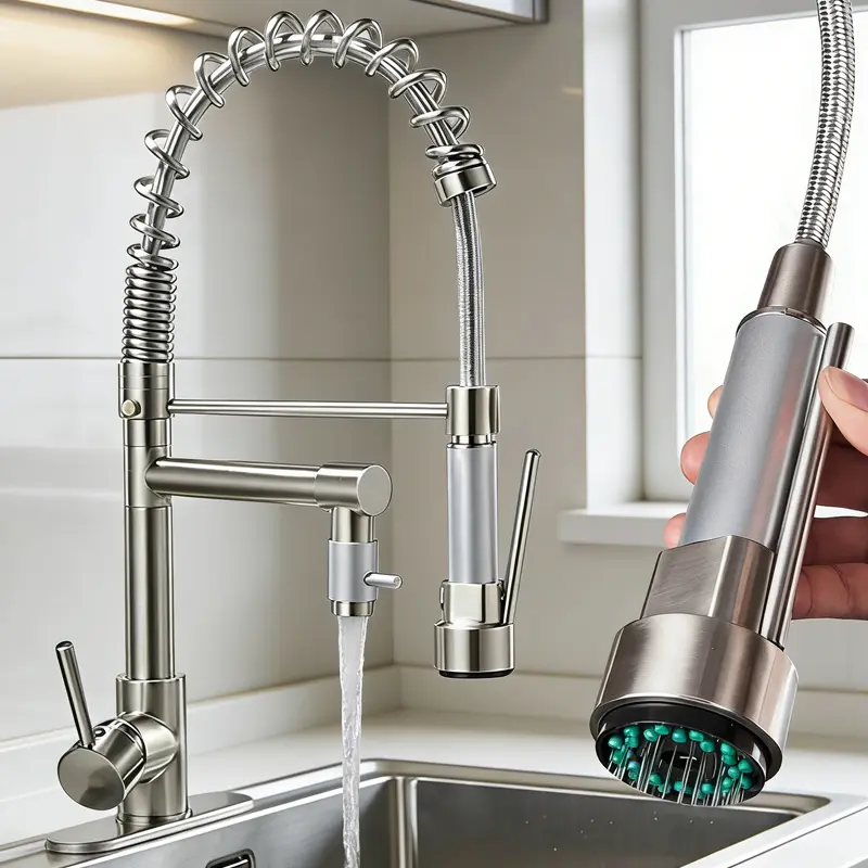 1pc Commercial-Grade Dual Head Kitchen Sink Faucet, Modern 3 Holes Single Handle Kitchen Faucet, 10 Inch Deck Plate Included for 1 or 3 Holes Sink, Ceramic Cartridge, Featuring Dual Spouts for Hot And Cold Water Mixing, Brushed Nickel