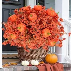 20 Bundles Artificial Fake Fall Flowers Plants Outdoor Decor Faux Mums Pumpkin Flower Arrangments for Home Wedding Bouquets Kitchen Centerpieces Thanksgiving Table Decoration (Fall Orange)